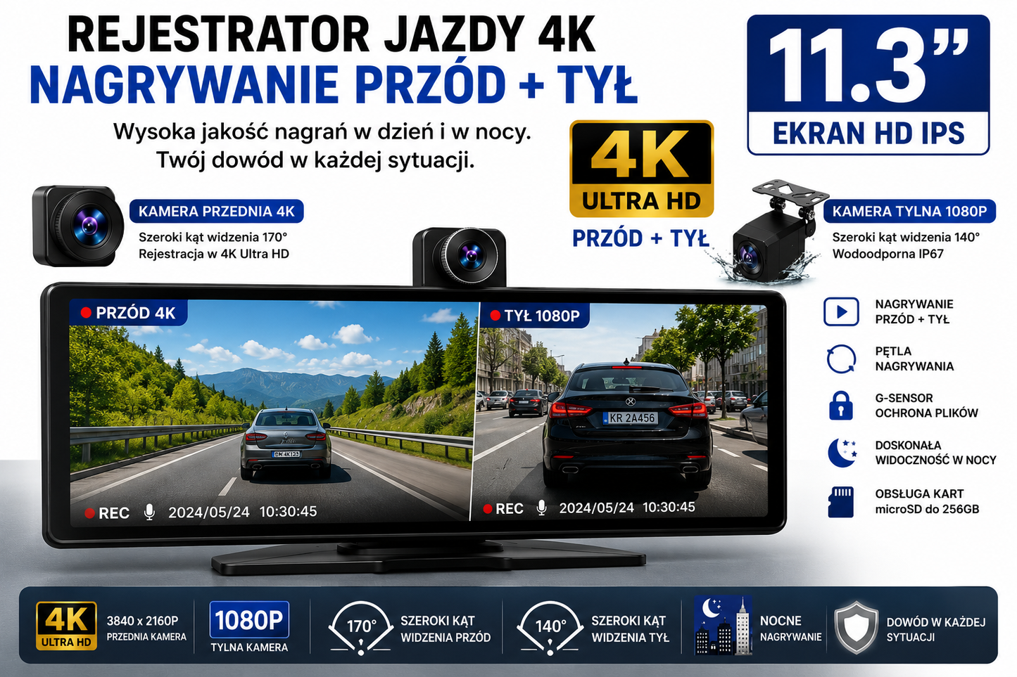 CarPlay Android 11.3" 4K | Kamera Cofania Gratis |Rejestrator jazdy DVR| WiFi| IPS