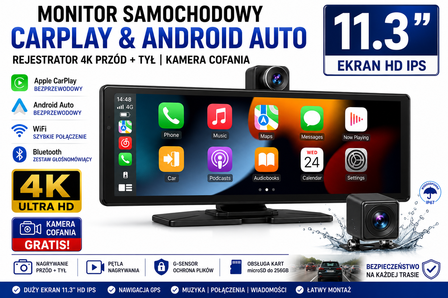 CarPlay Android 11.3" 4K | Kamera Cofania Gratis |Rejestrator jazdy DVR| WiFi| IPS