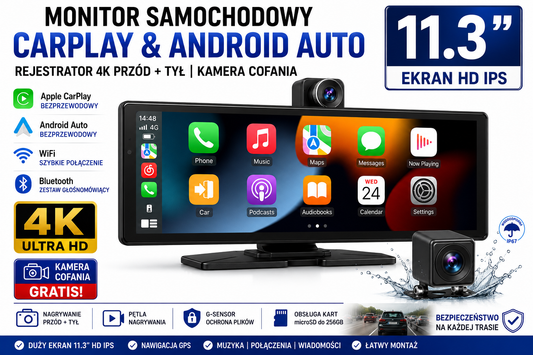 CarPlay Android 11.3" 4K | Kamera Cofania Gratis |Rejestrator jazdy DVR| WiFi| IPS