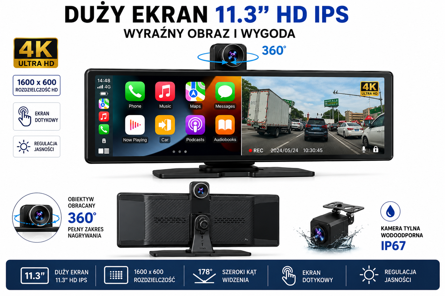 CarPlay Android 11.3" 4K | Kamera Cofania Gratis |Rejestrator jazdy DVR| WiFi| IPS