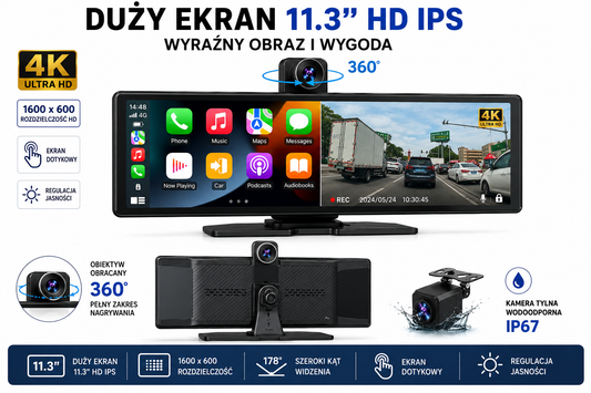 CarPlay Android 11.3" 4K | Kamera Cofania Gratis |Rejestrator jazdy DVR| WiFi| IPS