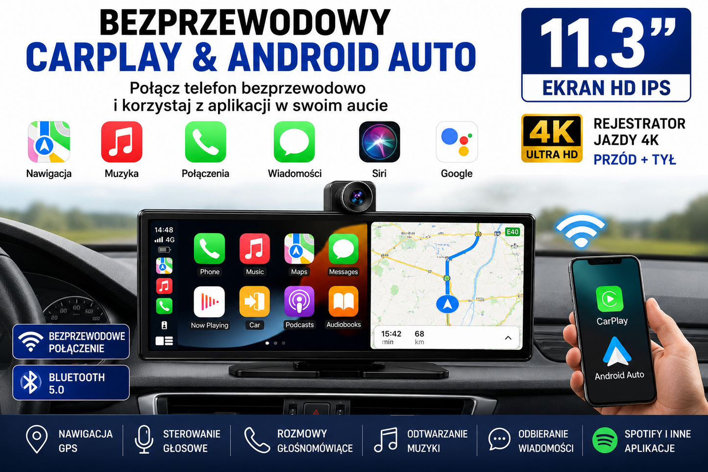 CarPlay Android 11.3" 4K | Kamera Cofania Gratis |Rejestrator jazdy DVR| WiFi| IPS